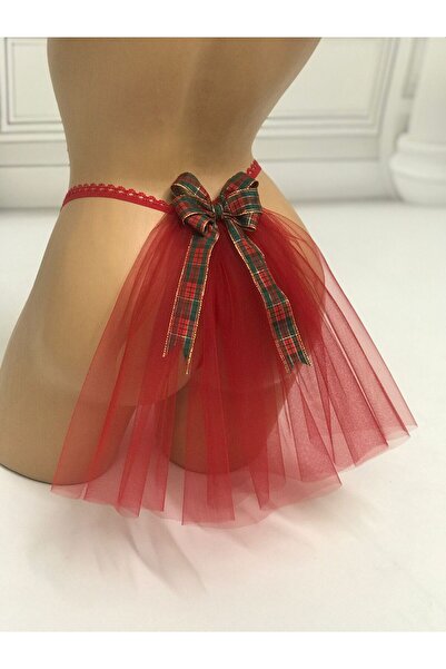 MadyaButik Christmas, New Year, Red Velvet Thong with Tulle Plaid Ribbon Detail on the Back, String Model