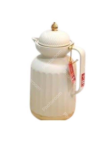 WDA Insulated Thermal Carafe with Handle, White Ribbed Design, Gold Top Finial
