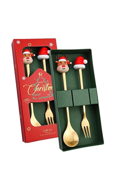 OricareFain Set of 2 Christmas-themed Cutlery, Stainless Steel, Gift Box, 15.8/18 cm, Multicolor