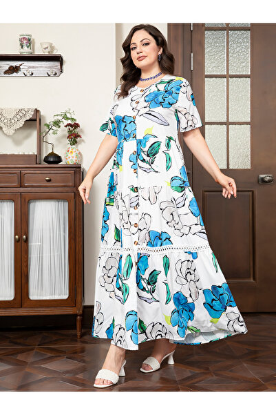 FridayIn Elegant style V-neck Flowers Pocket Regular sleeve Plus Size Dresses