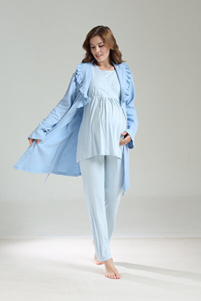 Pelin Women's Blue Jacquard Shawl Collar Lace Winter 3-Piece Maternity Pajama Set