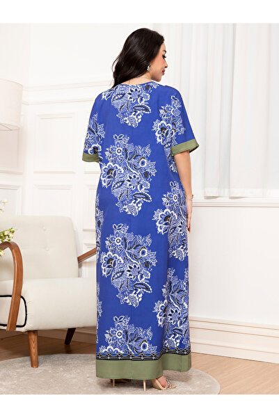 FridayIn Commute style Elegant style V-neck Flowers Plant Bandage Lantern sleeve Long Dresses
