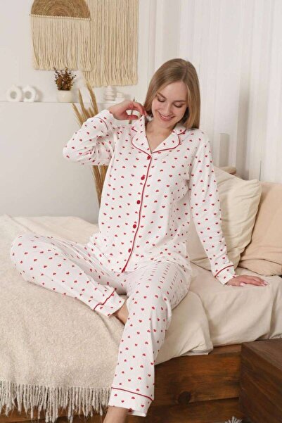 ALİMER Front Buttoned Women's Pajama Set - Heart Patterned Report Interlock 2891Uk