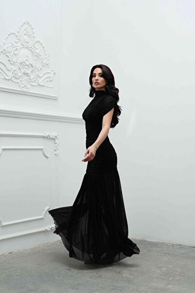 Serica Moda Siyah Büzgü Detaylı Tül Elbise