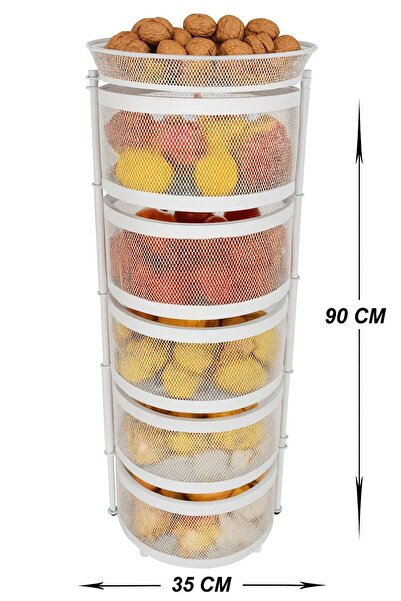 VENON Beyaz 5 Katlı 90 Cm x 35 Cm Çap Metal Sebzelik Meyvelik Organizer Mutfa...