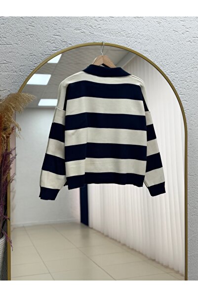 MİHRA STORE Ajla Thick Striped Collar Detail Knitwear Sweater-Zi̇5258 Navy Blue