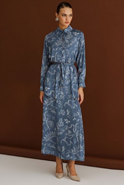 Mizalle Mavi Desenli Evaze Uzun Saten Etek