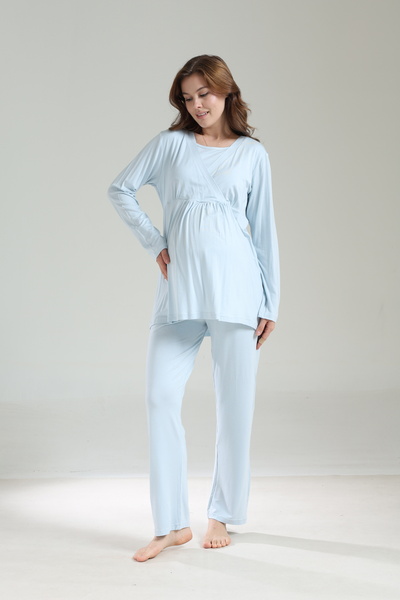 Pelin Women's Blue Jacquard Shawl Collar Lace Winter 3-Piece Maternity Pajama Set