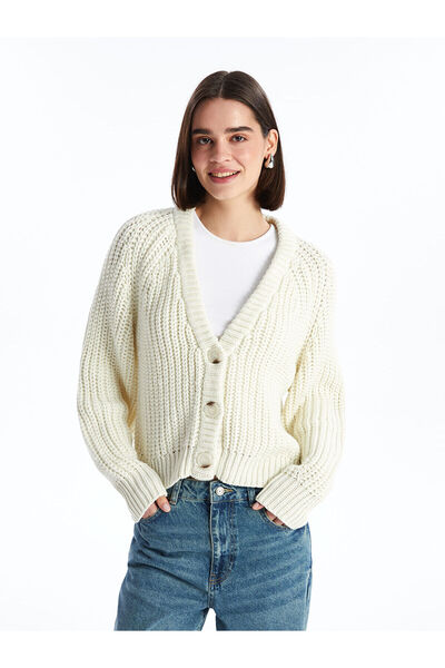 LC Waikiki Crew Neck Self Patterned Women's Knitwear Cardigan