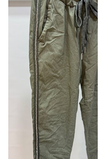 della moor Women's Khaki Italian Pants with Stone Stripes on the Sides L Stretch Fabric