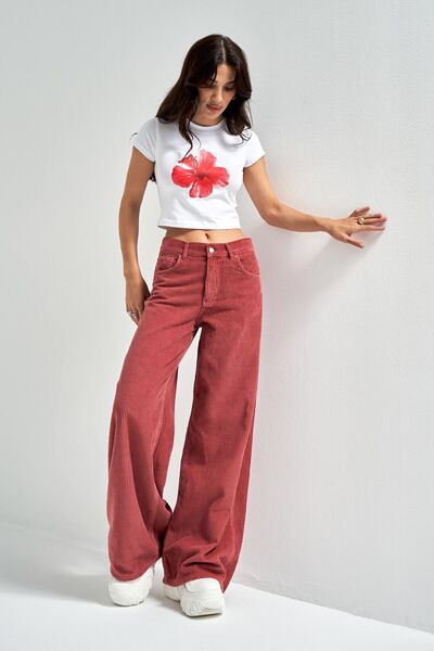 its basic Women's Coral Color Hera 29W5-104 Palazzo Fit Thick Corded Fabric Velvet Velvet Fabric Trousers