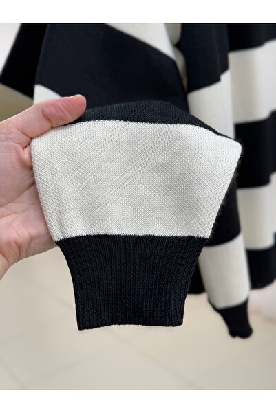 MİHRA STORE Ajla Thick Striped Collar Detail Knitwear Sweater-Zi̇5258 Black