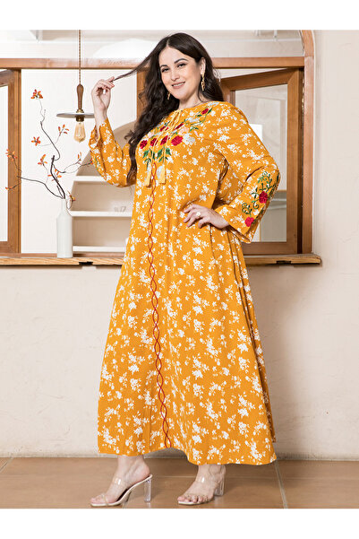 FridayIn Sweet Round neck Flowers Plant Embroidery Bandage Regular sleeve Plus Size Dresses