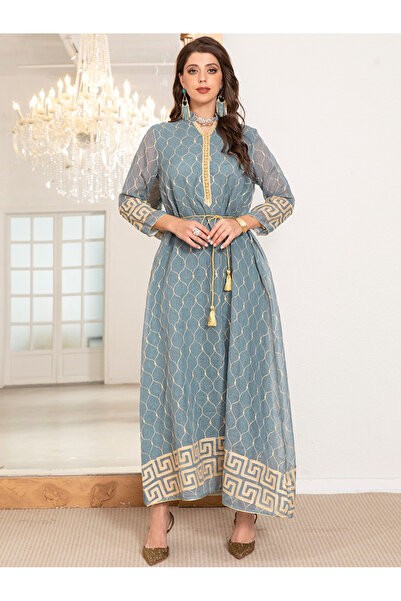 FridayIn قفطان أنيق بياقة عالية من الجاكار بلون متباين حزام تطريز بطانة كم وا...