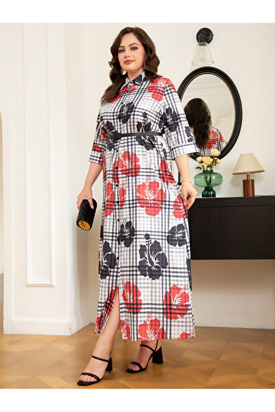 FridayIn Elegant style Lapel Flowers Plaid Belt Rolled cuffs Plus Size Dresses