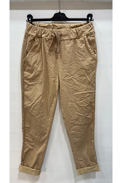 della moor Women's Camel Italian Pants with Stone Stripes on the Sides L Stretch Fabric