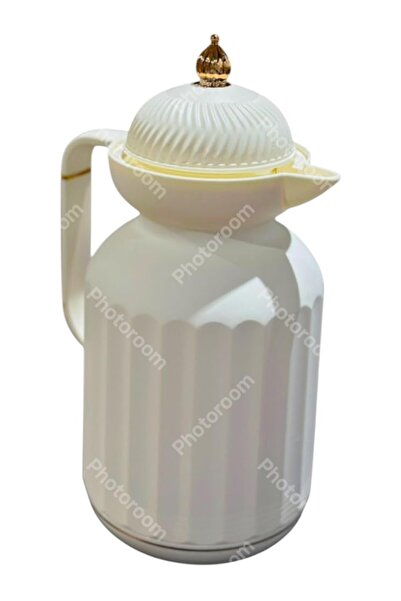 WDA Insulated Thermal Carafe with Handle, White Ribbed Design, Gold Top Finial