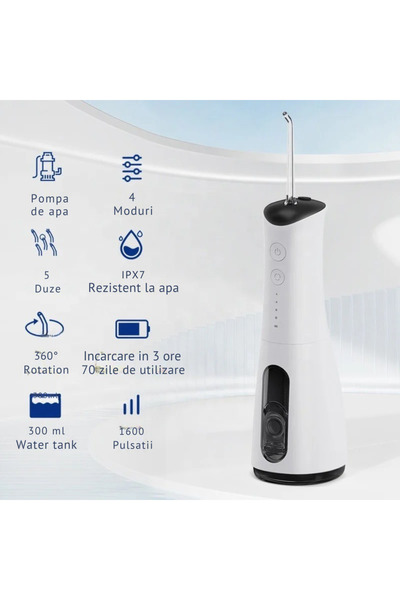 Zefini Oral Irrigator - Mouthwash, 300ml Tank, 5 Heads, 1600 Pulses/Minute, 4 Pressure Levels, IPX7