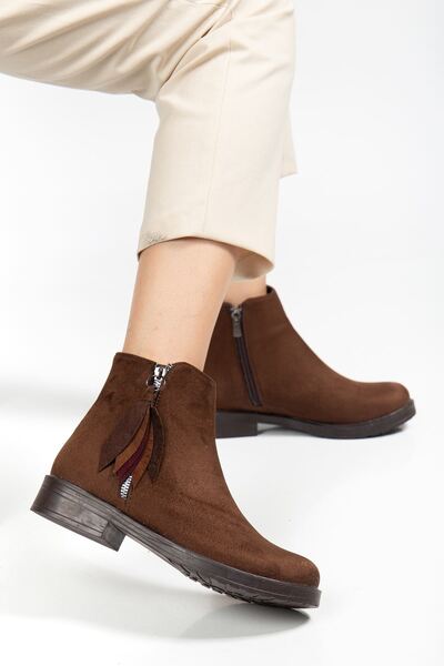 İnfon Ayakkabı Marketi Boots 165-205 Brown Suede Leaf Patterned Zippered Dail...