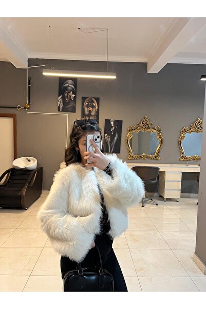 SHERA CLOTHİNG KADIN BEYAZ TÜYLÜ KÜRK CEKET