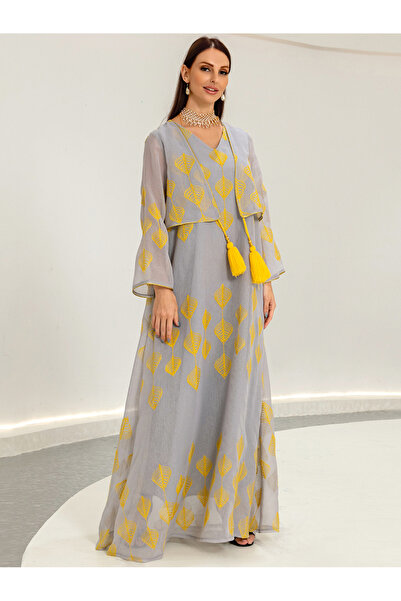 FridayIn Sweet V-neck Printing Tassel Regular sleeve Kaftan