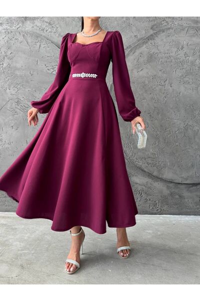 mass fashion فستان نسائي طويل بفتحة وتفاصيل حجرية