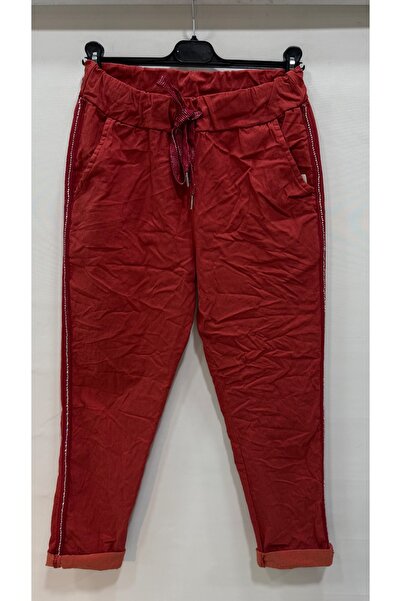 della moor Women's Red Italian Pants with Stone Stripes on the Sides L Stretch Fabric