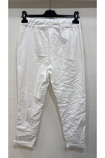 della moor Women's White Italian Pants with Stone Stripes on the Sides L Stretch Fabric