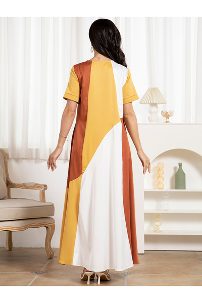 FridayIn Simplicity Round neck Color contrast Splicing pattern Pocket Regular sleeve Long Dresses