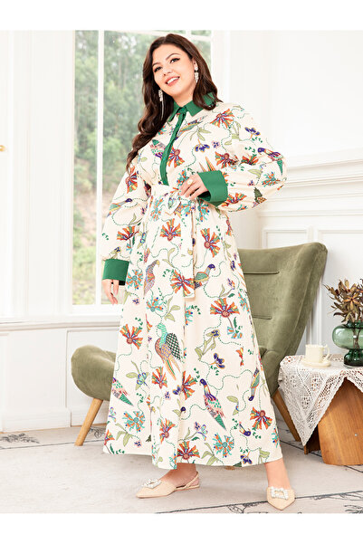 FridayIn فستان أنيق، نمط العطلة، طية صدر السترة، زهور، نبات، تباين الألوان، ح...