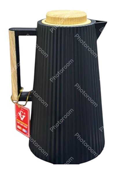 WDA Thermos Jug, Modern Black Insulated Carafe with Wooden Lid, Ribbed Design