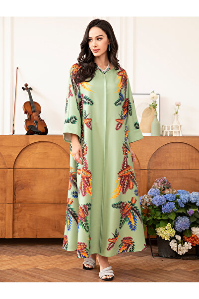 FridayIn قفطان أنيق بتصميم عطلة ورقبة دائرية وأزهار ونباتات وخرز وأحجار الراي...