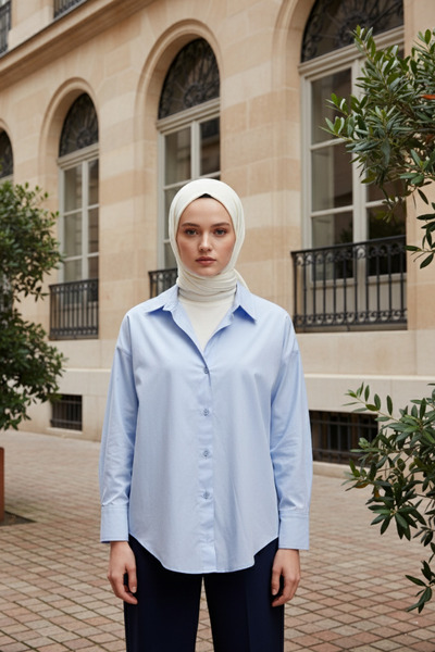 Zeneva Collection Ανοιχτό μπλε 96% βαμβακερό ελαστικό ποπλίνιο γυναικείο πουκ...