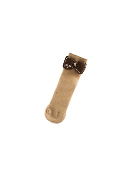 Mixbo Kids Socks - Mustard with Large Brown Bow, Cotton, Size 2–5 years
