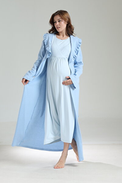 Pelin Kadın Mavi Jakarlı Şal Yaka Dantelli Kışlık2'Li Özel Tasarım Lohusa Ham...