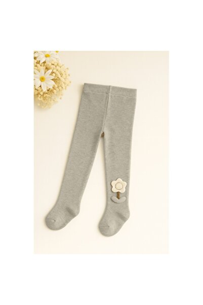 Mixbo Children's Tights with Sole, Mixbo, Light Gray, Thick Cotton, 60 cm, with Flower