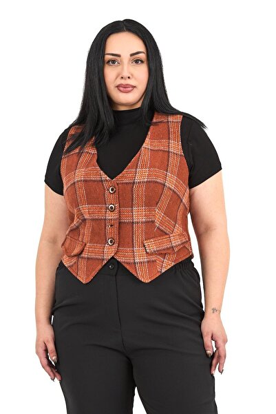 DISENTIS MODEST Plus Size Button Closure Pocket Flap Lined Short Cinnamon Vest