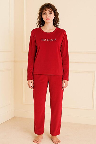 Pemilo Women's 13166-2781 Long Sleeve Velvet Pajama Set Red