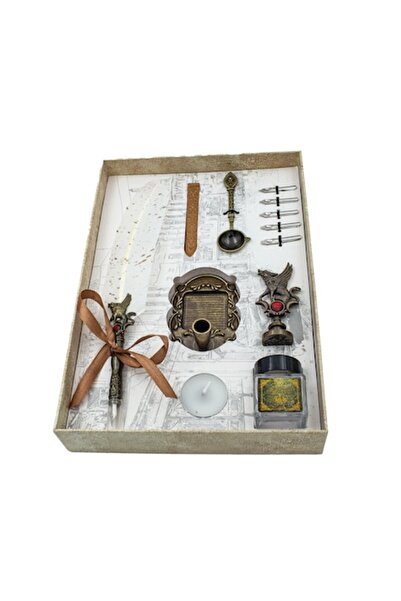 RoveZone Set cadou: stilou vintage Goose-Quill, ceară de sigilare, ștampilă, lingură, 5 penițe și suport - alb