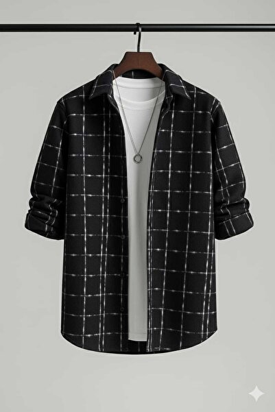 YNGMENCLASS Cotton Textured Enine Line Pattern Fleece Shirt