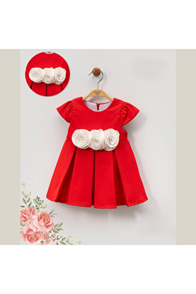 Micii Ștrumfi Clara Red Girls' Dress – 100% Cotton with Pearlescent White Roses