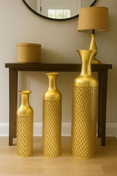 Noor High-quality vase set, gold-colored iron with beautiful decoration, 15*50, 17*65, 20*85