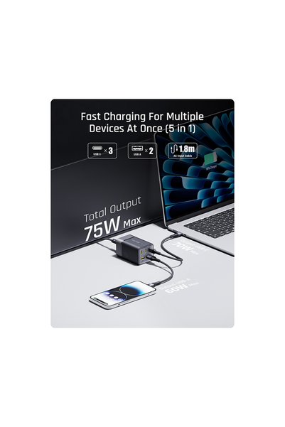 VOLTME Wall Charger Vito Go EzTravel and Extended With 3 USB-C and 2 USB Ports 75W - Black