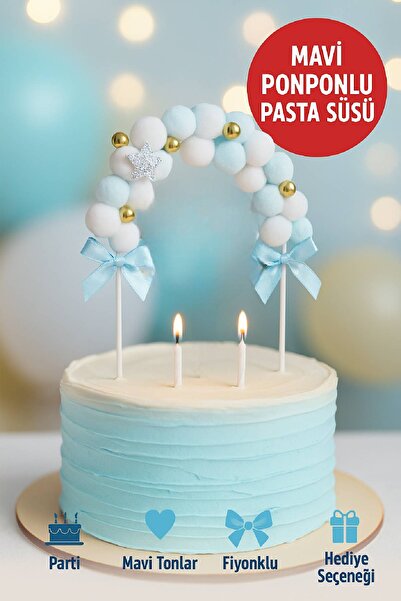 TOYFEST Mavi Ponponlu Pasta Süsü – Fiyonklu ve Yıldız Detaylı Cake Topper | Doğum Günü & Parti Süsü
