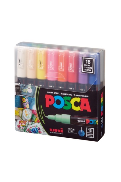 Uni Posca PC-1 M Marker, round tip, 0.7 mm, set of 16 colors