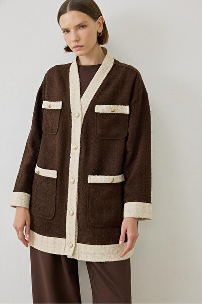 TERZİ DÜKKANI Due 2 Color Tweed College Cardigan Brown