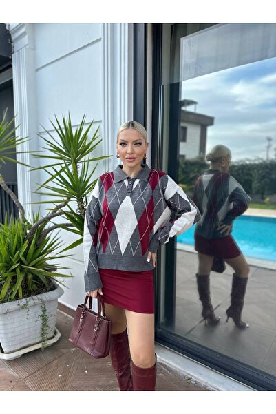 For Angels Diamond Patterned Polo Collar Sweater