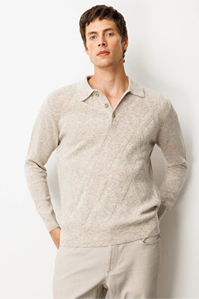 Desen Triko Men's Polo Neck Straw Knit Baklava Yürütmeli Wool Sweater V.Beige