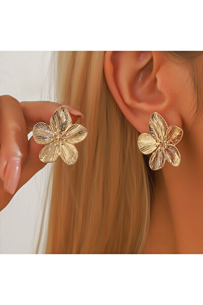 Choice 80118302-Golden 2PC Women's Fashion Trendy Stainless Steel Flower Earrings Outdoor Travel Carnival P