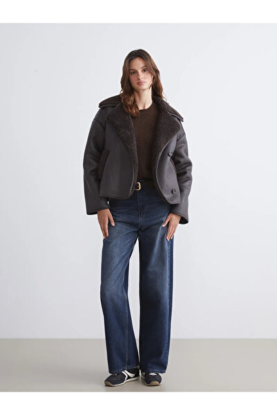 LC Waikiki Vision Fur Collar Plush Lined Oversized Brown Women's Suede Coat